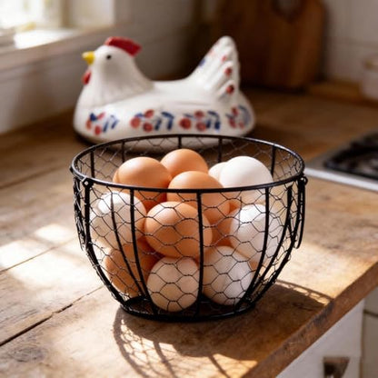 Ceramic Egg Basket Holds 25 Eggs-Keep Eggs Organized & Secure with This Chicken Design Storage Container - Perfect Kitchen Counter Decor, Handy Holder for Farm Fresh Eggs, Durable Iron Base Egg Organi