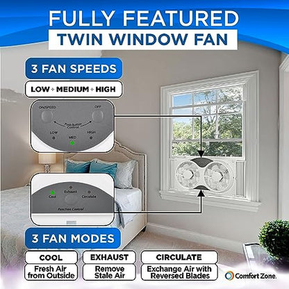 Comfort Zone 9-Inch Smart WiFi Twin Window Fan – 3-Speed Dual Blade Fan with App & Voice Control, Reversible Exhaust, Cooling & Circulate Modes, Expandable 23.5" to 37", Bug Screen - color: White, size: 9 inch (3-Speed w/WiFi)