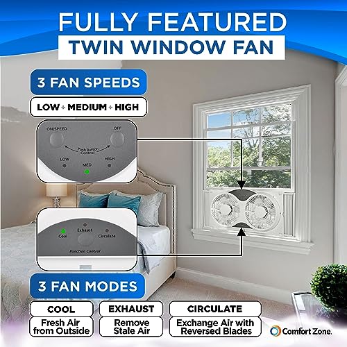 Comfort Zone 9-Inch Smart WiFi Twin Window Fan – 3-Speed Dual Blade Fan with App & Voice Control, Reversible Exhaust, Cooling & Circulate Modes, Expandable 23.5" to 37", Bug Screen - color: White, size: 9 inch (3-Speed w/WiFi)