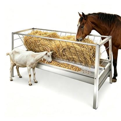 98 Gal Livestock Hay Feeder, Quick Bolt Easy Installation, Angled Grid Structure, Elevated 2-in-1 Trough, Multi Animal Use for Ranch Pasture Barn Daily Feeding