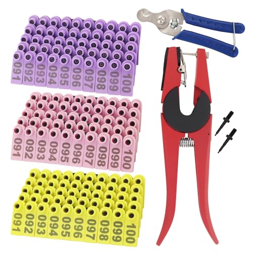 300PCS Livestock Ear Tags for Sheep Goat Kit 001-100 Numbered Tag Animal Identification with Ear Tag Applicator and Ear Tags Remove Pliers (Yellow+Purple+Pink) - color: Yellow+Purple+Pink