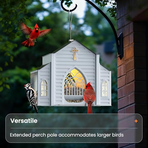 Church-Shaped Metal Bird Feeder with Solar Light - Hanging Outdoor Feeder, 5 LB Large Capacity & Bird Suet Design, Weatherproof, Garden/Yard/Deck Decor & Unique Gift for Christmas & Mother's Day