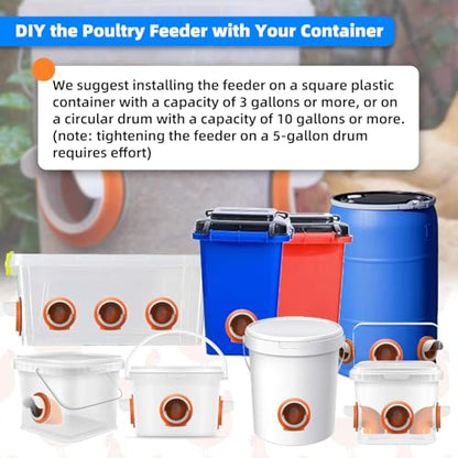 Large Chicken Feeder No Waste, DIY Automatic Chicken Feeder Port with Cover for Duck, Poultry(2 Pack with Caps & Hole Saw)