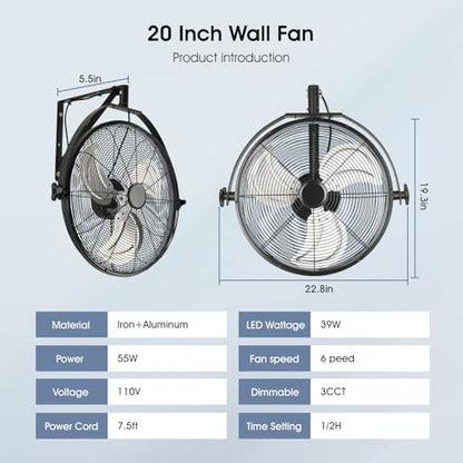 AHAWILL 20 Inch Wall Mount Fan with Lights,6-Speed High Velocity Wall Fan Dimmable Gazebo Fan,360°Adjustable Tilt Industrial Outdoor Fans for Patio,Garage,Workshop,Commercial,Black - size: 20 inch