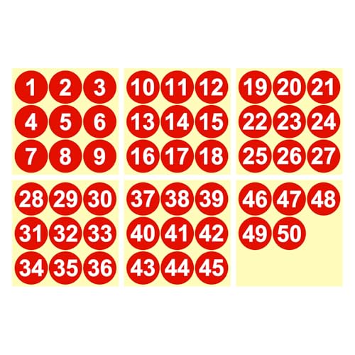 PATIKIL 1 to 50 Number Stickers 2 Inch, Consecutive Vinyl Round Labels Self-Adhesive Dot Colored Decals for Inventory Classification Storage Box Organizing, Red - color: Red, size: 2 Inch