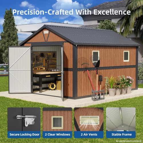 10x12 FT Outdoor Storage Shed, Garden Metal Shed with Lockable Doors & Window, Extra Large Tool Shed for Backyard, Patio & Lawn - size: 10x12 FT (No Base)