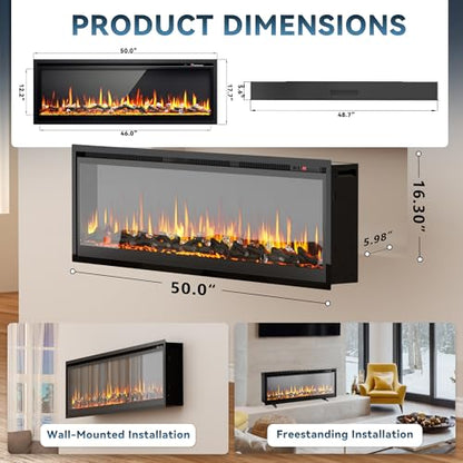 EUHOMY 50 Inch Electric Fireplace Recessed Wall Mounted Freestanding with Remote Control, Ultra-thin Fireplace Heater with Adjustable Flame Color, Linear Fireplace with Timer, Log & Crystal, 750/1500W - size: 50 Inch Premium