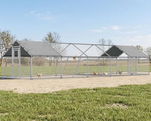 32×10 FT Extra Large Walk-in Chicken Coop, Spire Roof Chicken Run with Cover, Front & Rear Doors, Feeding Door, Roosting Ladder, Galvanized Steel Frame - size: 372.4"L x 118.1"W x 77.6"H