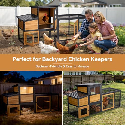 PETSFIT Wooden Chicken Coop for 2-4 Chickens, Backyard Coop with Run, 2 Nesting Boxes and 2 Roost Bars,PVC Windows, Easy-Clean 3-Door Access,Weather-Resistant PVC Roof, 6 Ground Stakes - color: Brown