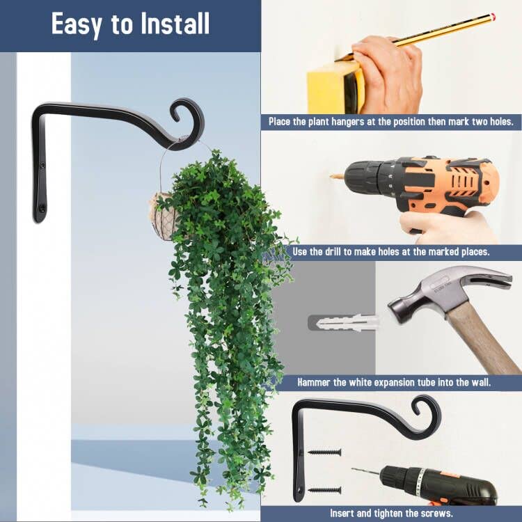 FEED GARDEN Heavy Duty Plant Hooks - 2 Pack 6 Inch Wall Mounted Hanging Brackets, 44lb Capacity Steel Plant Hangers for Bird Feeders, Baskets, Wind Chimes - Black - color: Black-L, size: 6 Inch