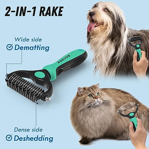 Docrok Pet Grooming Brush and Metal Comb Combo, Cat Brush Dog Brush for Shedding, Undercoat Rake for Dogs Grooming, Dematting Deshedding Brush Dogs Shedding Tool for Long matted Haired Pets, Green - color: Green