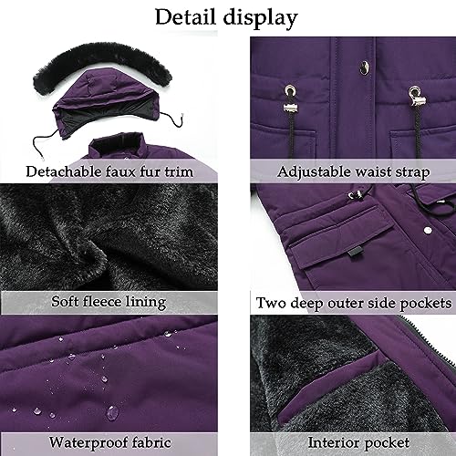 MOERDENG Women's Warm Winter Puffer Coat Thicken Fleece Lined Down Jacket Faux Fur Detachable Hood Snow Parka - color: Purple, size: Small