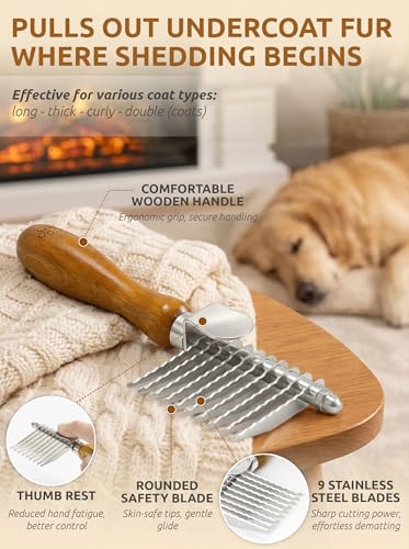 TAKAVU Dematting Comb for Dogs and Cats with Long Hair - 9-Blade Undercoat Rake for Removing Mats, Tangles and Knots - Deshedding Grooming Tool for Doodles and Double-Coated Pets