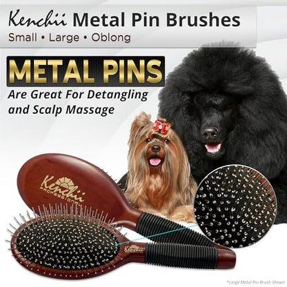 Kenchii Pet Grooming Metal Pin Brush for Dogs and Cats, Solid Wood Handle, Non Slip Grip, Detangling and Shedding Brush for Long or Short Haired Pets, Size Small - size: Small
