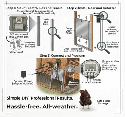 JVR 11"x12" Automatic Chicken Coop Door, LCD Timer, Aluminum | 110V/12V solar-ready, LCD timer, IP53, power memory, anti-pinch, heavy-duty aluminum predator-proof actuator - size: Small