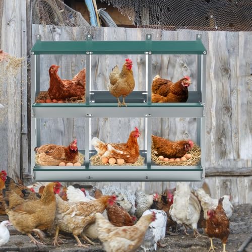 Chicken Metal Nesting Boxes, 6 Compartment Metal Nesting Box for Chicken, 6 Room Wall Mountable Nesting Boxes for Hens, Galvanized Steel Easy to Assemble - size: 32.1"L x 16.3"W x 26.4"H
