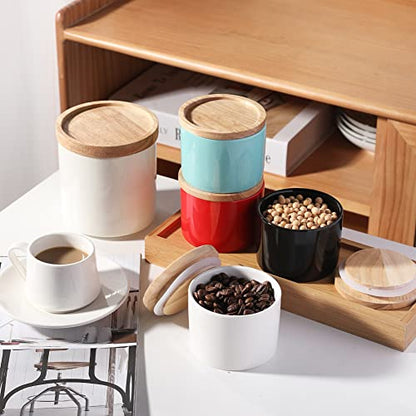 Sweejar Kitchen Canisters Ceramic Food Storage Jar, Stackable Containers with Airtight Seal Wooden Lid for Serving Ground Coffee, Tea, Sugar, Spice and More - 5 Fl Oz(White) - color: White, style: 5 Fl Oz (3.3"x2.6")