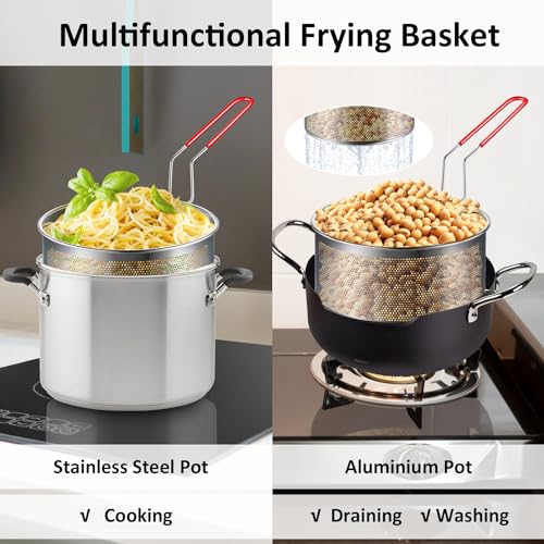 Deep Fryer Basket Only, 7''x4'' Colander with Silicone Handle,Round Stainless Steel Fry Baskets, Heat Resistant for Frying French Fries Cooking Noodles Vegetables, Ideal for Gift, 2.3-Quart - size: 7'' Deep Fry Basket