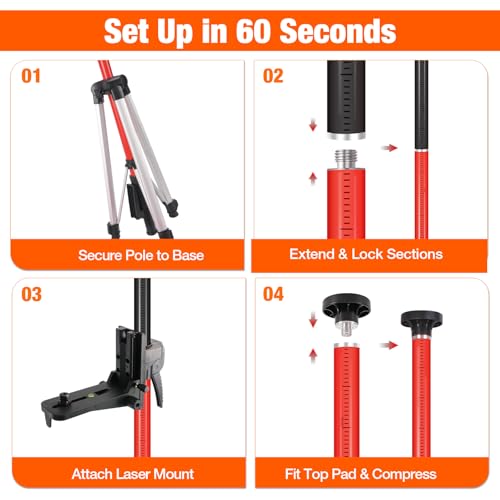 12Ft Telescoping Laser Level Pole with Tripod - Adjustable Laser Stand with Dual Thread Adapter (1/4"-20 & 5/8"-11) for Rotary and Line Lasers, Includes Carrying Case & Bubble Level(Black&Red) - color: Black&red