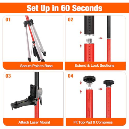 12Ft Telescoping Laser Level Pole with Tripod - Adjustable Laser Stand with Dual Thread Adapter (1/4"-20 & 5/8"-11) for Rotary and Line Lasers, Includes Carrying Case & Bubble Level(Black&Red) - color: Black&red