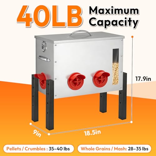Chicken Feeder Metal 40lb,Automatic Chicken Feeder with Viewing Window,No Waste Height Adjustable Large Capacity Poultry Equipment,Rat Proof,Rodent Proof,Weatherproof Silo,Outdoor Chicken coop