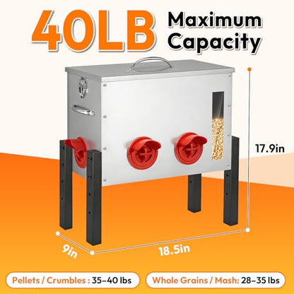 Chicken Feeder Metal 40lb,Automatic Chicken Feeder with Viewing Window,No Waste Height Adjustable Large Capacity Poultry Equipment,Rat Proof,Rodent Proof,Weatherproof Silo,Outdoor Chicken coop