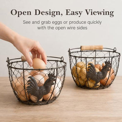 3 Pack 8 Inch Egg Basket for Gathering Fresh Eggs, Farmhouse Wire Holder with Wood Handle, Rustic Metal Round Countertop Storage with Rooster Pattern for Chicken Coop, Kitchen and Pantry