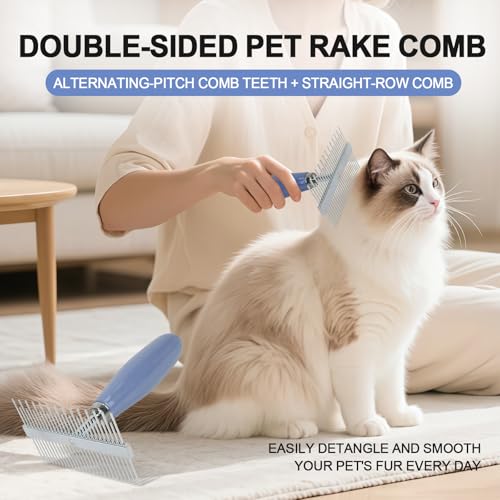 Blue Pet Double-Sided Row Undercoat Rake Comb with Handle Dog Dematting Comb for Shedding Fine Tooth Comb Pet Grooming Tool for Long-Haired Dogs Cats Gentle Remove Loose Hair Knots Tangles
