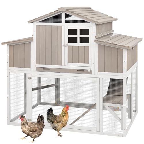 Gowoodhut 56.03" L 2-Story Chicken Coop with Run,Fir Wood Chicken House Hen House with 2 Large Nesting Boxes,Expandable Poultry Cage for 2-4 Chicken with 4 Perching Bars,Pull-Out Tray,Ramps - size: 56.3"L x 35.2"W x 52.8"H
