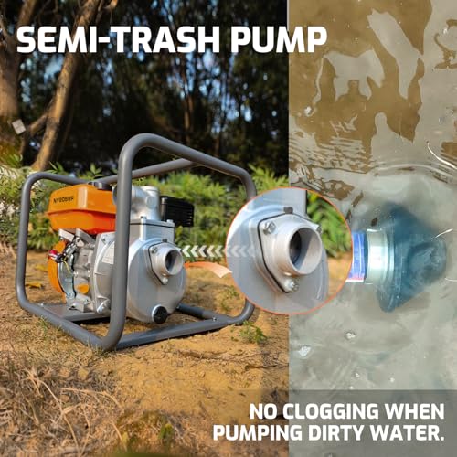 NOVUS 2-inch Semi Trash Pump, 212cc 4 Cycle Engine, 141 GPM 100ft Lift 23ft Suction, Gas Powered Water Pump for Pond Pool Draining Gardening Irrigation,EPA Certified - size: 2" Semi Trash Pump