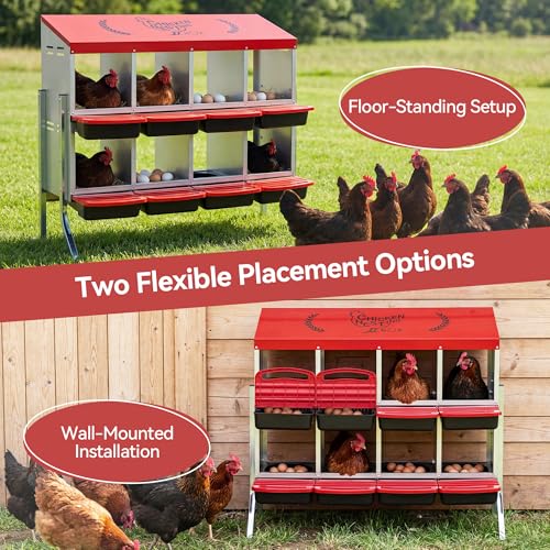 8 Holes Metal Chicken Nesting Box, Heavy-Duty Rustproof Egg Laying Box with Roll Away Tray & Bracket Legs, Nest Boxes for Hens - Easy Egg Collection & Cleaning, Red (8 Holes)