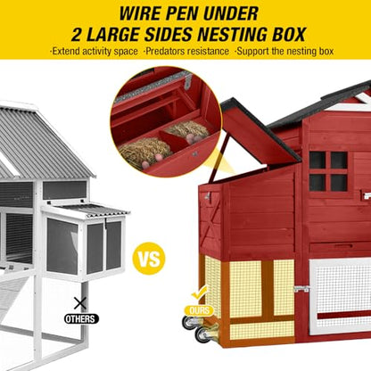 Aivituvin Chicken Coop Mobile Chicken House on Wheels Expandable Wooden Poultry Cage with Large Nesting Box Leakproof Pull-Out Tray Rabbit Hutch Bunny Cage,UV-Resistant Roof - size: Red 73.38"L x 27.9"W x 43.2"H
