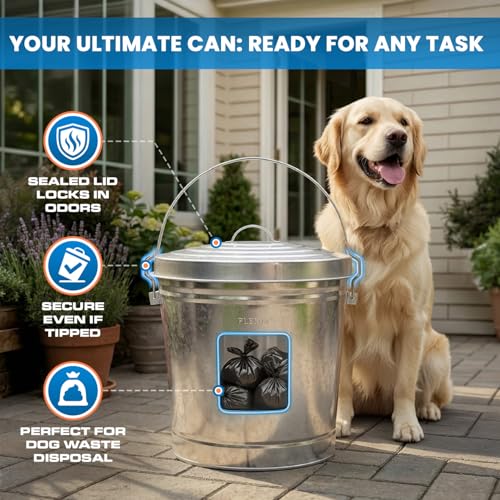Plexon 10 Gallon Trash Can with Lid Outdoor Galvanized Metal Bucket with Locking Lid for Poultry Feed Bird Seed Storage Ash Garbage Trash Bin - size: 10-Gallon