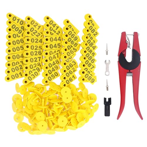 100 Sets Livestock Ear Tag Kit with Applicator, Animal Ear Tag Set for Cattle Horse Pig Sheep, Numbered TPU Aluminum Alloy Tags with Pliers Needle Wrench Buckle, Weather (Yellow Ear Tag with Red - color: Yellow Ear Tag With Red Pliers With 2 Ear Tag