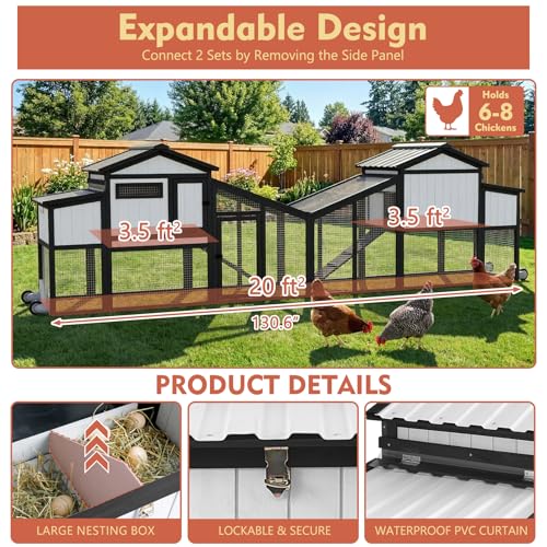 Ketive 65" L Chicken Coop with Wheels for 1–2 Chickens, Outdoor Wooden Hen House with Run, Leakproof Pull-Out Tray, UV-Resistant Panel Roof, 2 Nesting Box,Poultry Cage Chicken Hutch for Backyard Yard - size: 65.0"L x 26.0"W x 39.0"H