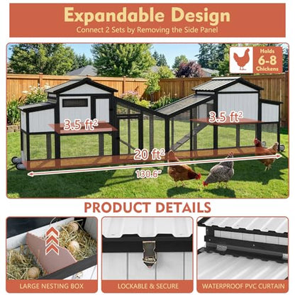 Ketive 65" L Chicken Coop with Wheels for 1–2 Chickens, Outdoor Wooden Hen House with Run, Leakproof Pull-Out Tray, UV-Resistant Panel Roof, 2 Nesting Box,Poultry Cage Chicken Hutch for Backyard Yard - size: 65.0"L x 26.0"W x 39.0"H