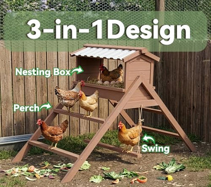 Chicken Roosting Bar, Nesting Box with Waterproof Roof+Perches+Swing | 3 In 1 Design for Hens, Indoor & Outdoor Roosting Bar, Ideal for 5-8 chickens - size: 58.0"L x 27.0"W x 35.0"H