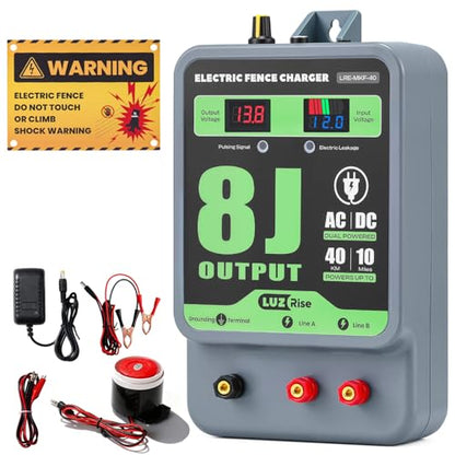 8J Electric Fence Charger AC DC Powered Fence Controller 2 in 1 Fence Energizer Electric with 8 Joules Output &7-13KV Adjustable, Alarm Function, 40KM Range for Livestock/Farmland/Garden (8J)