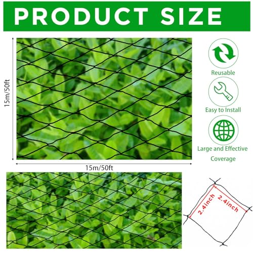 Windyun 1 Pcs 50' x 50' Bird Netting Bird Net Chicken Coop 2.4" Mesh Heavy Duty Deer Fence Aviary Net Reusable Fruit Tree Poultry Barrier for Garden Protection Vineyard Against Hawk Squirrel, Black - size: 50' X 50'