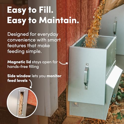 RentACoop Metal Trough Feeder with Lid & Rain Cover – Galvanized Steel, Gravity-Fed, Side View Window, Adjustable Grate for Easy Cleaning – Suitable for Chickens, Ducks, Poultry & More – 10lb Capacity - size: 10LB Capacity