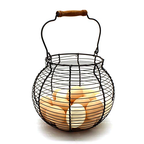 CVHOMEDECO. Antique Wire Egg Basket with Wood Handle Primitives Vintage Gathering Basket. Rusty - size: 8-1/4" Dia. x 7-1/4" H - Rusty