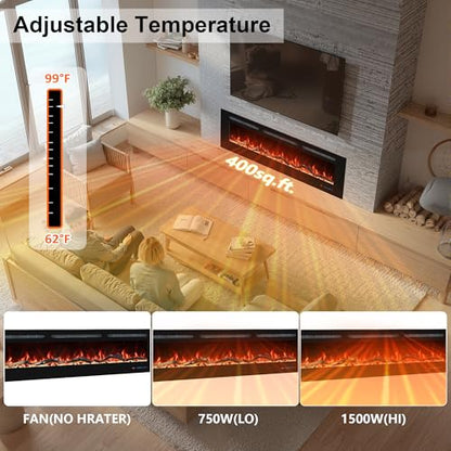 48'' Electric Fireplaces Inserts, Recessed & Wall-Mounted Fireplace Heater with Thermostat, Multicolor Flames,Timer, Log & Crystal, 750/1500W, Black - size: 48 inch
