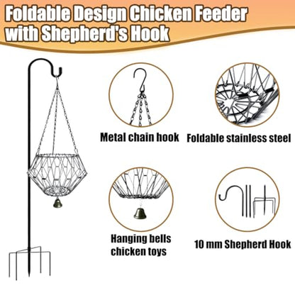 Hanging Chicken Feeder,Chicken Toys for Coop, Foldable Poultry Vegetable Fruits Feeder Basket with Shepherd's Hook, Veggie Treat Ball Boredom Toys for Chicken Coop