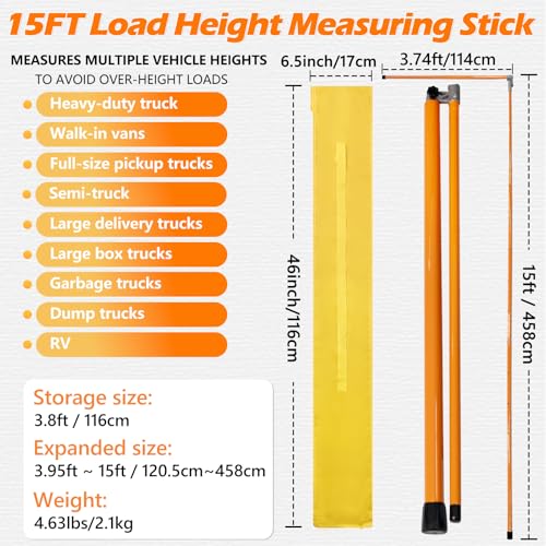 15FT Height Stick for Trucks, Dual Scale Compact Measuring Sticks for Semi Truck, Car Hauler, Trailer, RV, Retractable Load Measuring Stick with Carrying Bag - size: 15ft height stick