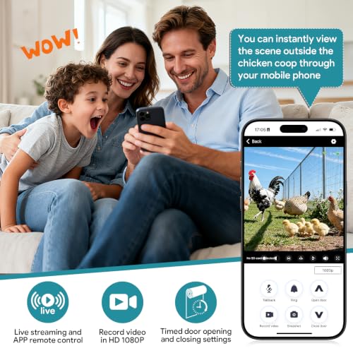 WiFi Automatic Chicken Coop Door with Camera, APP Remote Control, Smart Solar Powered Auto Chicken Door Opener with Timer, Night Vision, Anti-Pinch Safety, Smart Alerts, Space-Saving Roll-Up Design