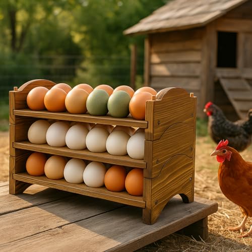 Egg Holder for Countertop, 3-Tier Wooden Rack, Holds 54 Fresh Eggs | Pulchrum rustic farmhouse pine organizer & display stand, stackable for kitchen counter or pantry, hard-boiled use, gift