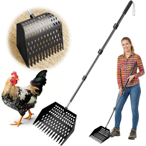 Chicken Poop Scooper & Rake 3 in 1 - Aluminum Alloy Chicken Coop Scoop & Snap-Lock Telescoping Adjustable Handle (16 to 44”), Sand Sifter Shovel for Small Farm Animals US Patent Pending (Sable Black) - color: Sable Black