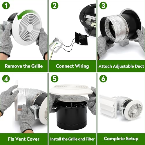 512M Bathroom Exhaust Fan, 6 Inch Wall Mounted Kitchen Exhaust Fan with White Grille, 80 CFM 4.0 Sones, 15-Inch Retractable Duct, Garage Fan, Bathroom Fan, Attic Fan