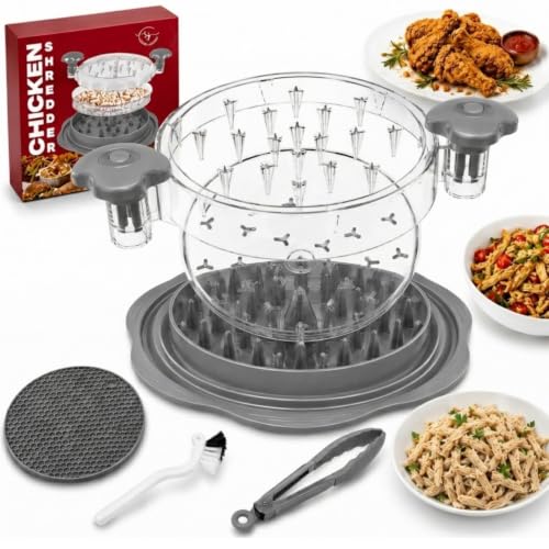 Premium Large Chicken Shredder Tool with Suction Base 2026 – Twist Meat Shredder with Ergonomic Handle & Anti-Slip Grip – Transparent Lid for Easy Shredding Chicken & Beef (Light Grey) - color: Light-Grey