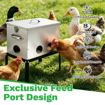 40lb Automatic Chicken Feeder, 6-Port Large Capacity Metal Poultry Feeder, Galvanized Steel Chicken Feeder for Hen Coop